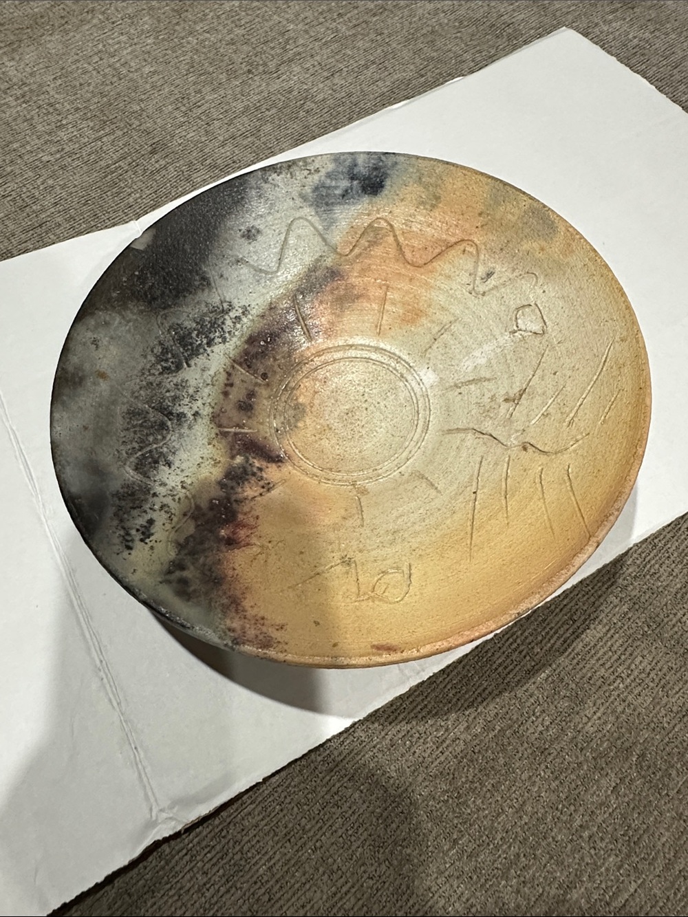 handmade Raku Fired Studio Pottery Bowl Signed MES Abstract Smoke Fired Ceramic